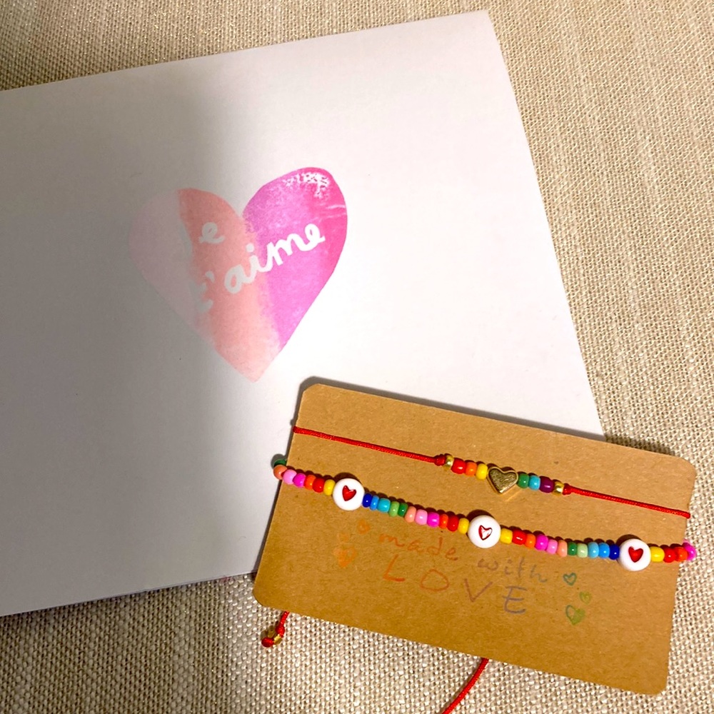 Super Cute Surfer Boho Rainbow Petite Red Heart Love Friendship Bracelet Set